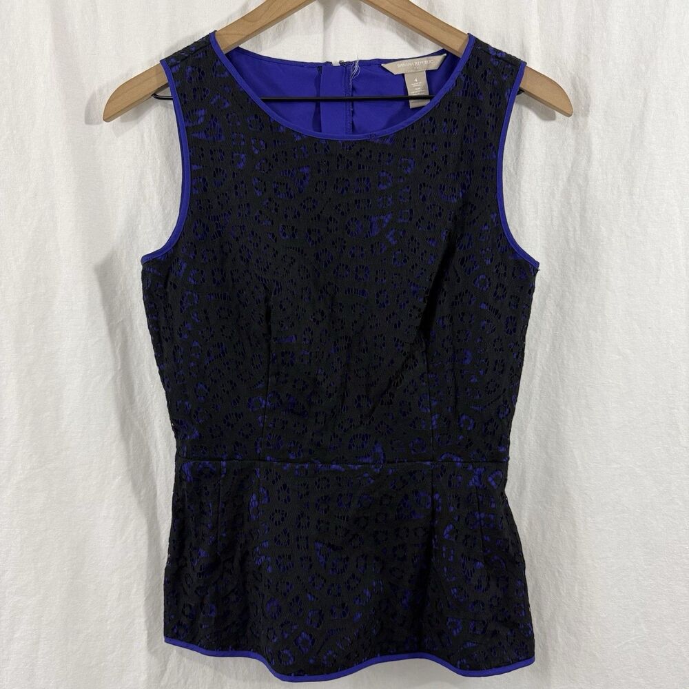 Banana Republic Women's Size 4 Black Purple Peplum Lace Sleeveless Top Whimsy